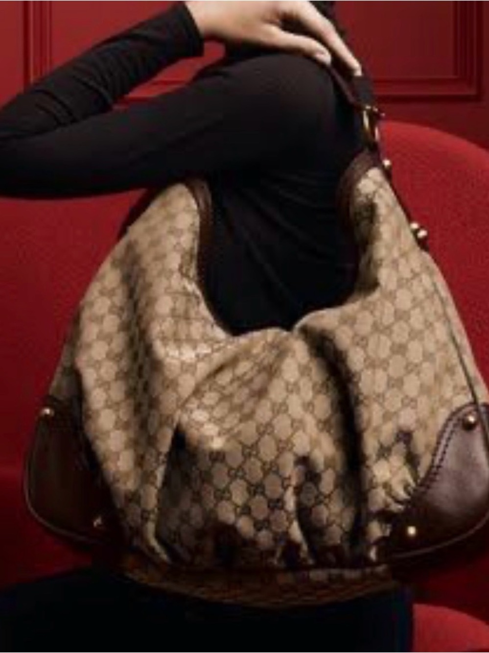 Gucci Brown and Beige GG Monogram Jockey Hobo with Brown Leather Accents
